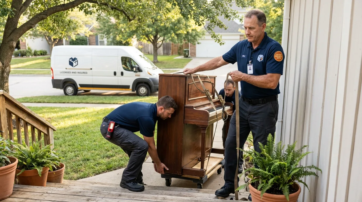 Licensed piano movers securing grand piano in Boothbay Harbor, ME