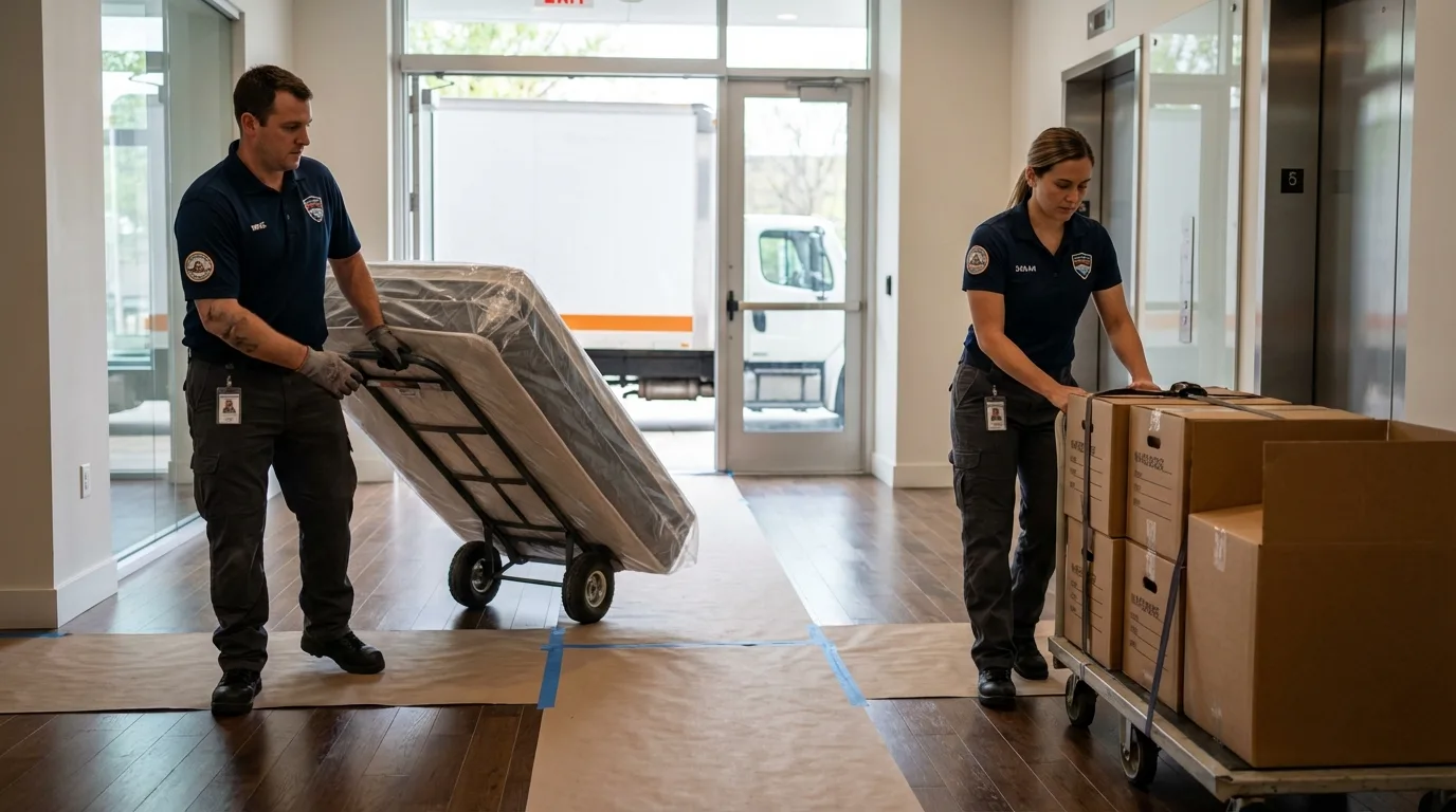 Professional apartment movers loading elevator in Boothbay Harbor, ME