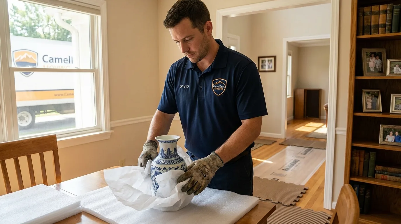 Professional crew carefully wrapping antique vase for senior downsizing move in Boothbay Harbor, ME