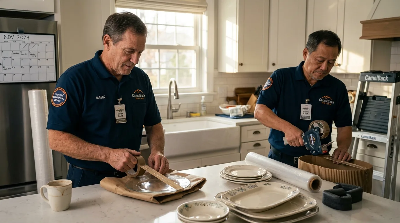 Professional crew packing kitchen dishware in Boothbay Harbor, ME